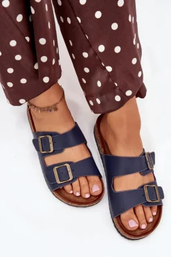 Damskie Klapki Na Korkowej Platformie Z Klamrami Granatowe Vesina