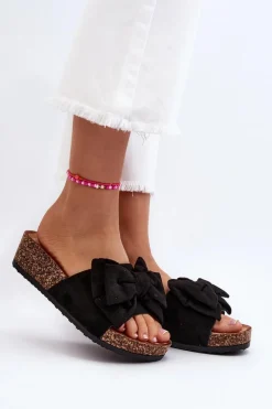 Damskie Klapki Na Korkowej Platformie Z Kokardą Czarne Tarena