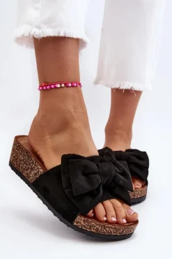 Damskie Klapki Na Korkowej Platformie Z Kokardą Czarne Tarena