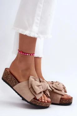 Damskie Klapki Na Korkowej Platformie Z Kokardą Khaki Tarena