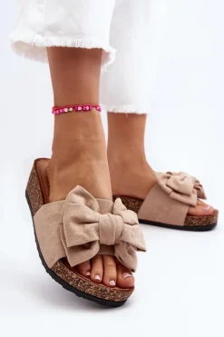 Damskie Klapki Na Korkowej Platformie Z Kokardą Khaki Tarena