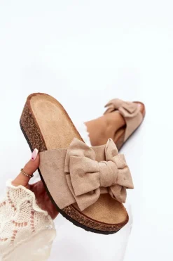 Damskie Klapki Na Korkowej Platformie Z Kokardą Khaki Tarena