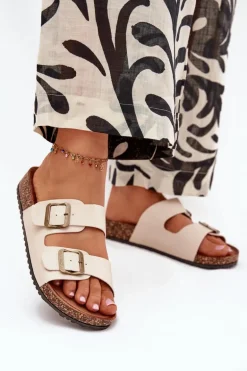 Damskie Klapki Na Korkowej Platformie Z Klamrami Beżowe Vesina