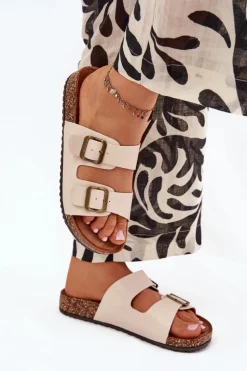 Damskie Klapki Na Korkowej Platformie Z Klamrami Beżowe Vesina