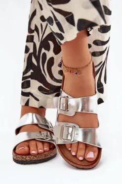 Damskie Klapki Na Korkowej Platformie Z Klamrami Srebrne Vesina