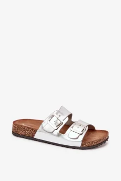 Damskie Klapki Na Korkowej Platformie Z Klamrami Srebrne Vesina