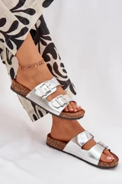 Damskie Klapki Na Korkowej Platformie Z Klamrami Srebrne Vesina