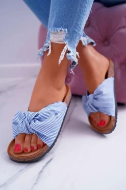 Damskie Klapki Na Korku Kokarda Niebieskie Randy