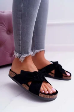 Damskie Klapki Na Korku Kokarda Czarne Fallen