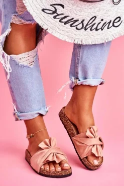 Damskie Klapki Na Korku Kokardki Beżowe Felis