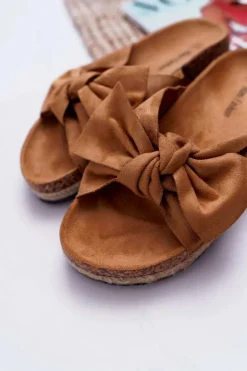 Damskie Klapki Na Korku Kwiaty Kokarda Camel Misto