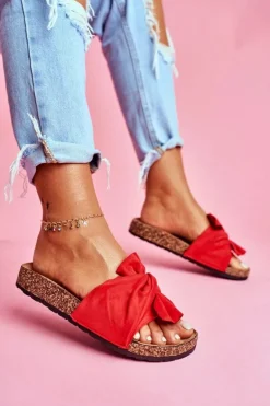 Damskie Klapki Na Korku Kokardki Czerwone Felis