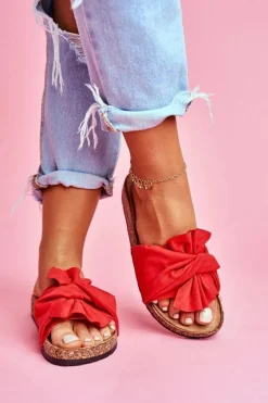 Damskie Klapki Na Korku Kokardki Czerwone Felis