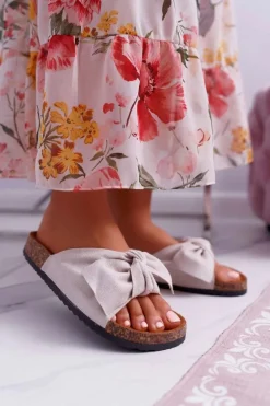 Damskie Klapki Na Korku Kokarda Beżowe Randy