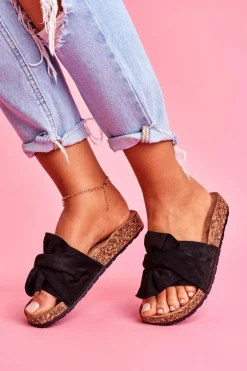 Damskie Klapki Na Korku Kokardki Czarne Felis