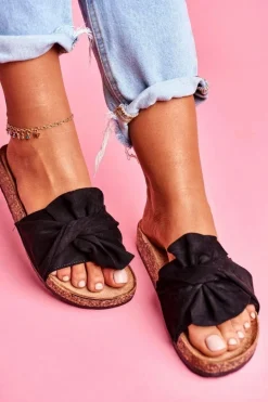 Damskie Klapki Na Korku Kokardki Czarne Felis