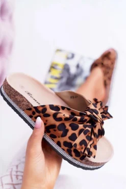 Damskie Klapki Na Korku Kokarda Cyrkonie Leopard Astria