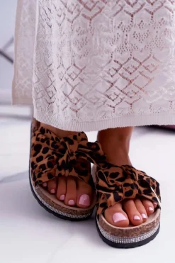 Damskie Klapki Na Korku Kokarda Cyrkonie Leopard Astria