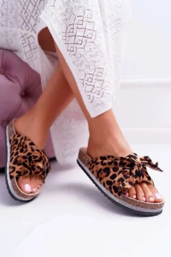 Damskie Klapki Na Korku Kokarda Cyrkonie Leopard Astria