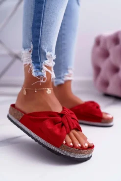 Damskie Klapki Na Korku Kokarda Cyrkonie Czerwony Astria