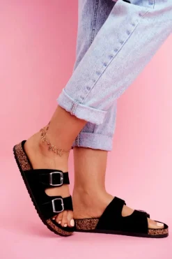 Damskie Klapki Na Korku Z Klamrami Czarne Si Senor