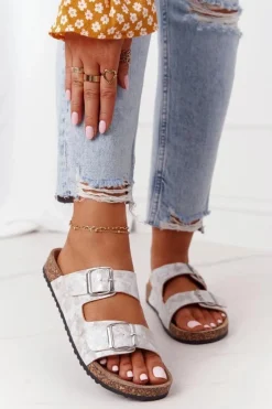 Damskie Klapki Na Korku Z Klamrami Srebrne Vivio