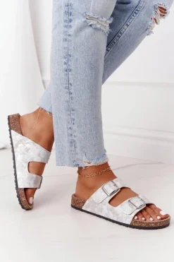 Damskie Klapki Na Korku Z Klamrami Srebrne Vivio