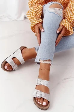 Damskie Klapki Na Korku Z Klamrami Srebrne Vivio