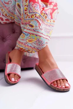 Damskie Klapki Na Korku Z Kryształkami Koralowe Do It!