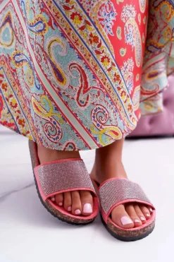 Damskie Klapki Na Korku Z Kryształkami Koralowe Do It!