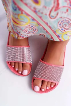 Damskie Klapki Na Korku Z Kryształkami Koralowe Do It!