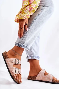 Damskie Klapki Na Korku Z Klamrami Różowe Złoto Vivio