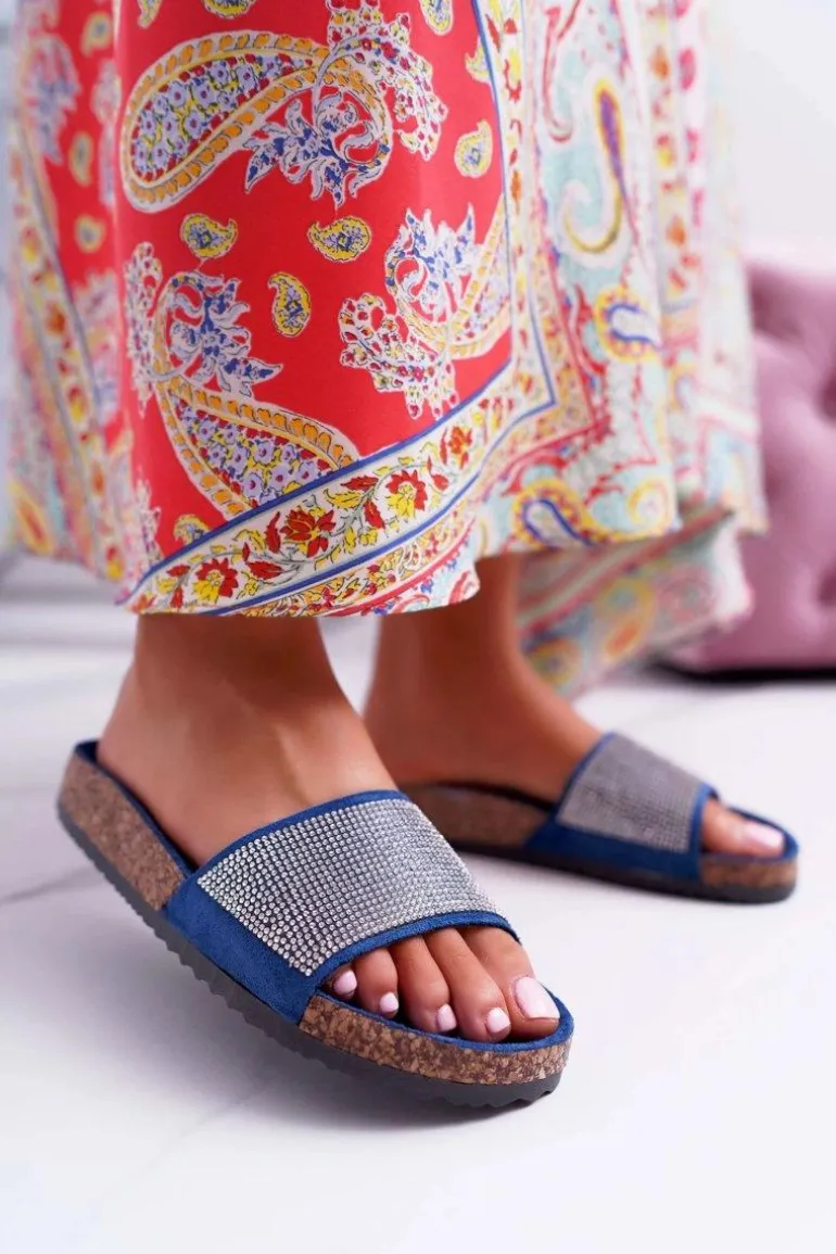 Damskie Klapki Na Korku Z Kryształkami Granatowe Do It!