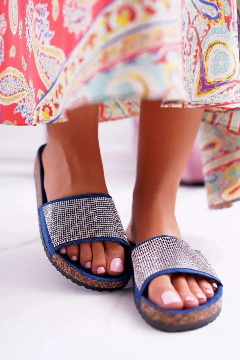 Damskie Klapki Na Korku Z Kryształkami Granatowe Do It!