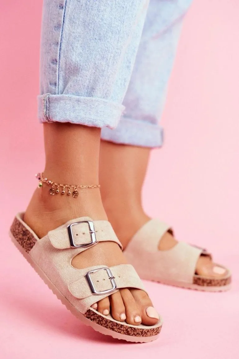 Damskie Klapki Na Korku Z Klamrami Beżowe Si Senor