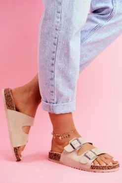 Damskie Klapki Na Korku Z Klamrami Beżowe Si Senor