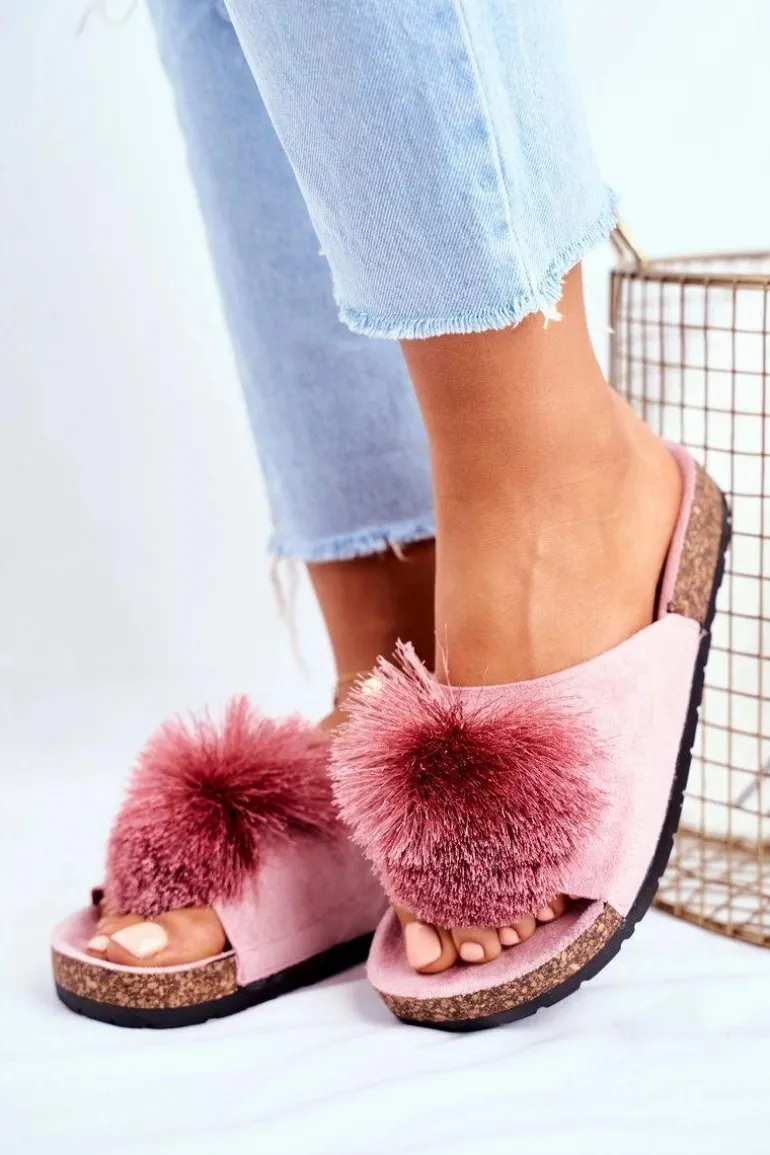 Damskie Klapki Na Korku z Pomponem Różowe Galaxo