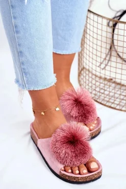 Damskie Klapki Na Korku z Pomponem Różowe Galaxo