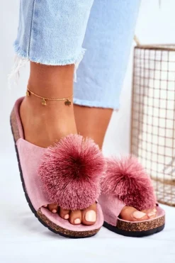 Damskie Klapki Na Korku z Pomponem Różowe Galaxo