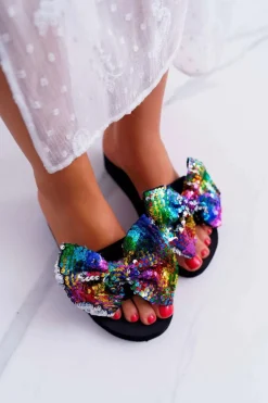 Damskie Klapki Na Koturnie Piankowe Kokarda Opalizujące Cekiny Meow