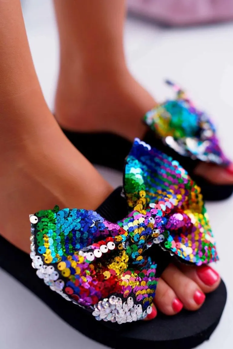 Damskie Klapki Na Koturnie Piankowe Kokarda Opalizujące Cekiny Meow