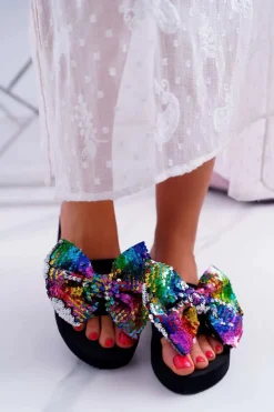 Damskie Klapki Na Koturnie Piankowe Kokarda Opalizujące Cekiny Meow