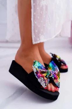 Damskie Klapki Na Koturnie Piankowe Kokarda Opalizujące Cekiny Meow