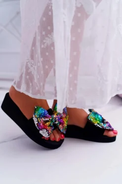 Damskie Klapki Na Koturnie Piankowe Kokarda Opalizujące Cekiny Meow