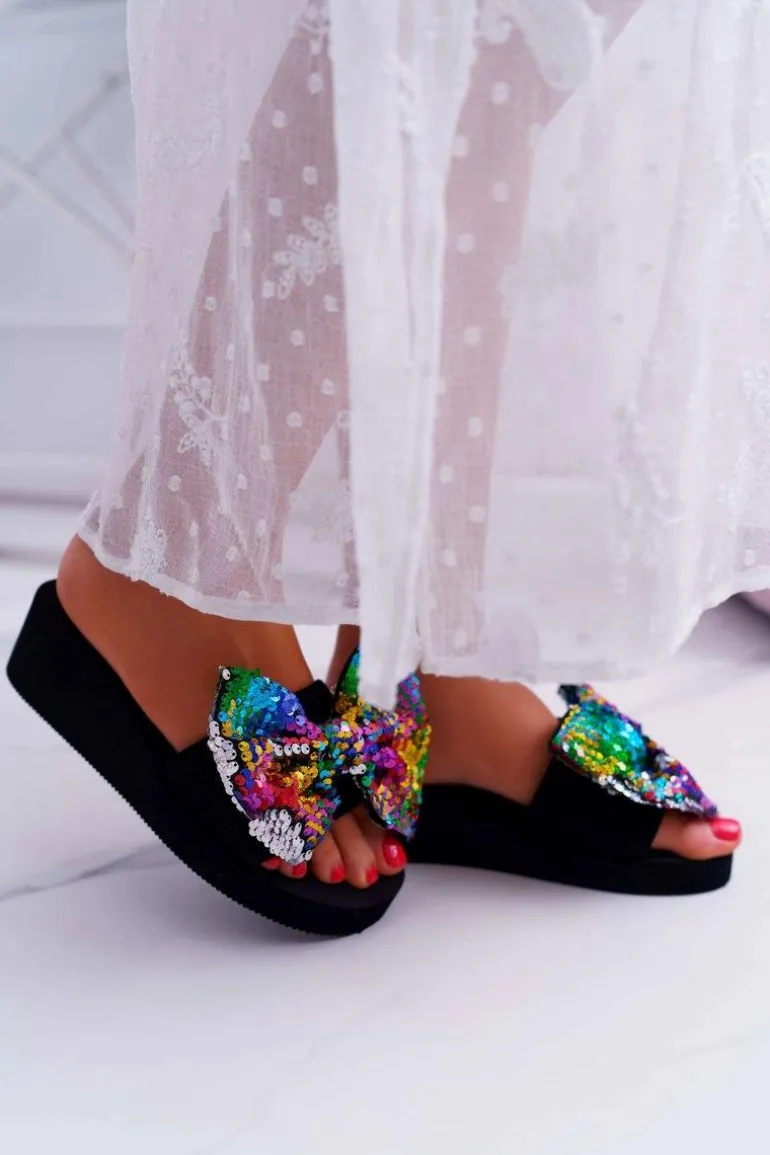 Damskie Klapki Na Koturnie Piankowe Kokarda Opalizujące Cekiny Meow