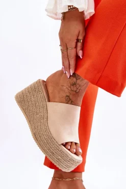 Damskie Klapki Na Koturnie I Platformie Beżowe Ysabel