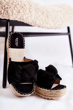 Damskie Klapki Na Koturnie Z Kokardą Czarne Tayla