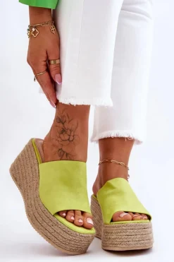 Damskie Klapki Na Koturnie I Platformie Limonkowe Ysabel