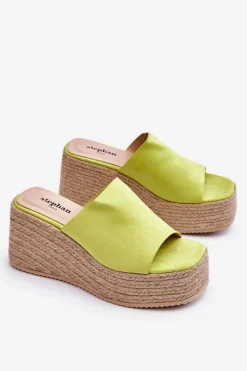 Damskie Klapki Na Koturnie I Platformie Limonkowe Ysabel