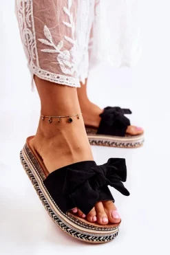 Damskie Klapki Na Masywnej Platformie Z Kokardą Czarne Macardi